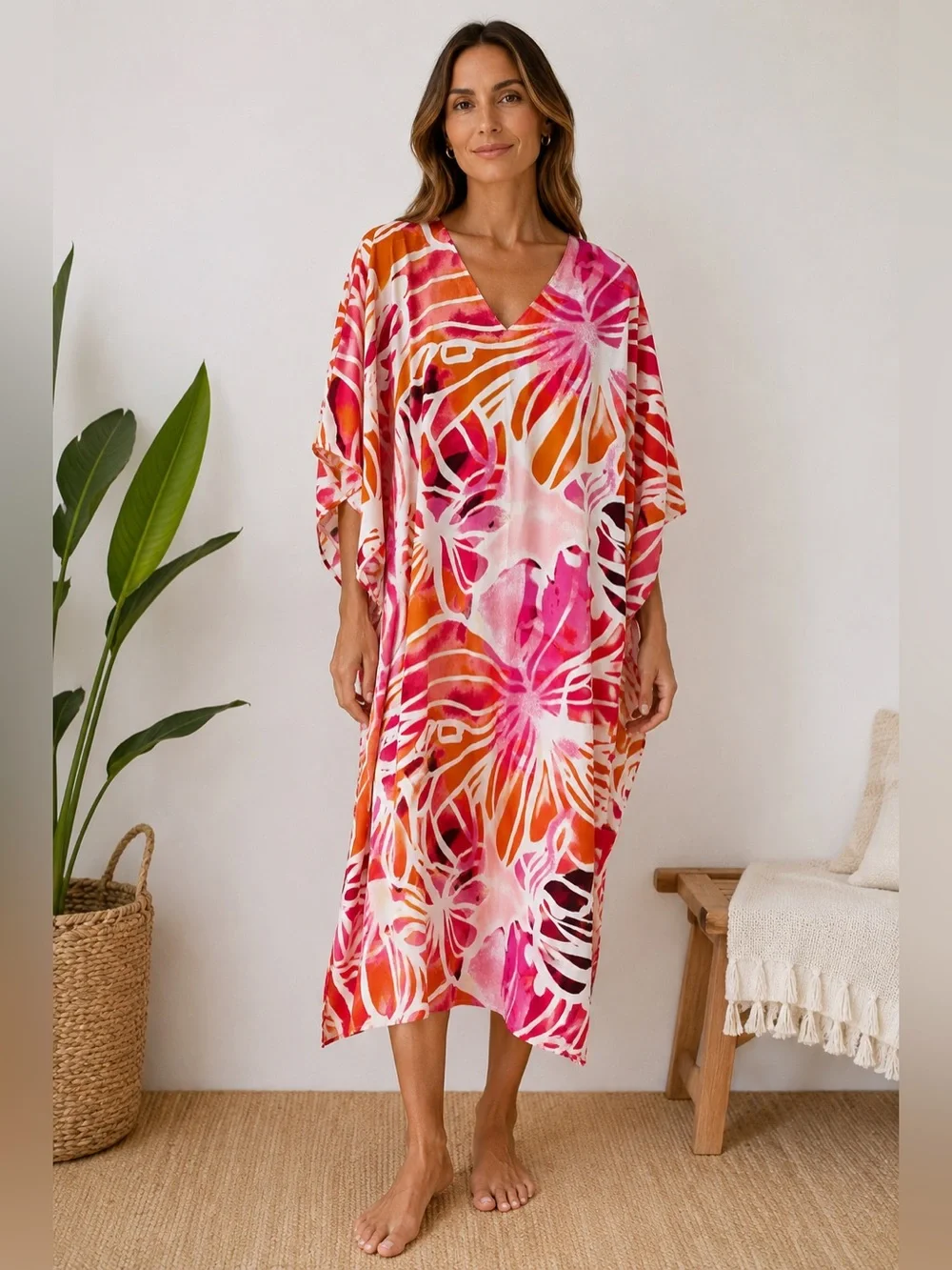 Natori Satin V-Neck Caftan Kimono Orange Pink Florals with Pockets, Size Medium